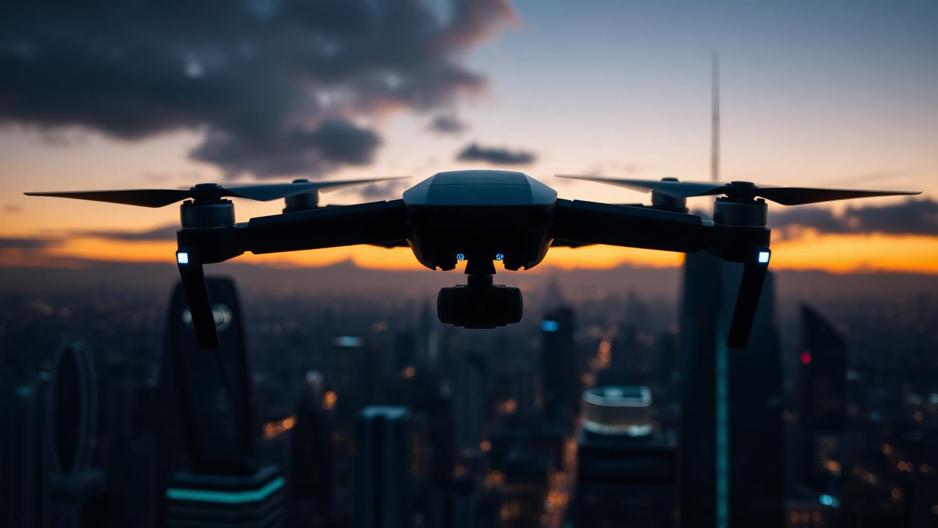Omniboard aerial platform hovering over a cityscape at dusk
